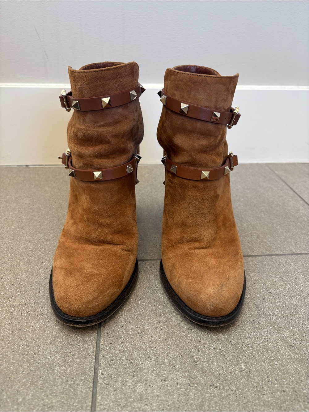 Valentino Brown Suede Studded Ankle Boots